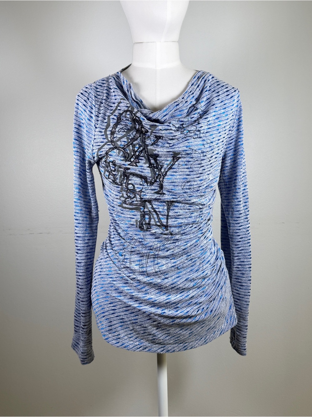 Y2K Oxygen Women's Blue Cowl Neck Ruched Long-Sleeve Top
